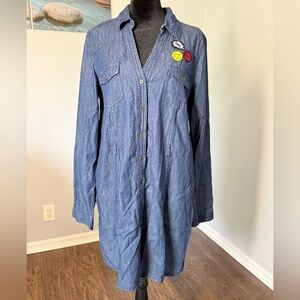 New Look Blue Denim Dress w/ cute patches, pockets, belt loops, roll up sleeves